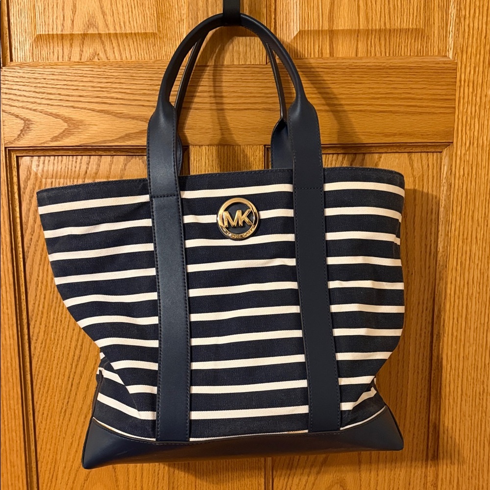 Michael Kors Striped Navy Denim and White Tote